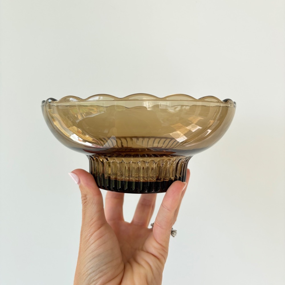 EO Brody Co Cleveland Ohio Smoked Glass Pedestal Bowl Scalloped Rim Vintage